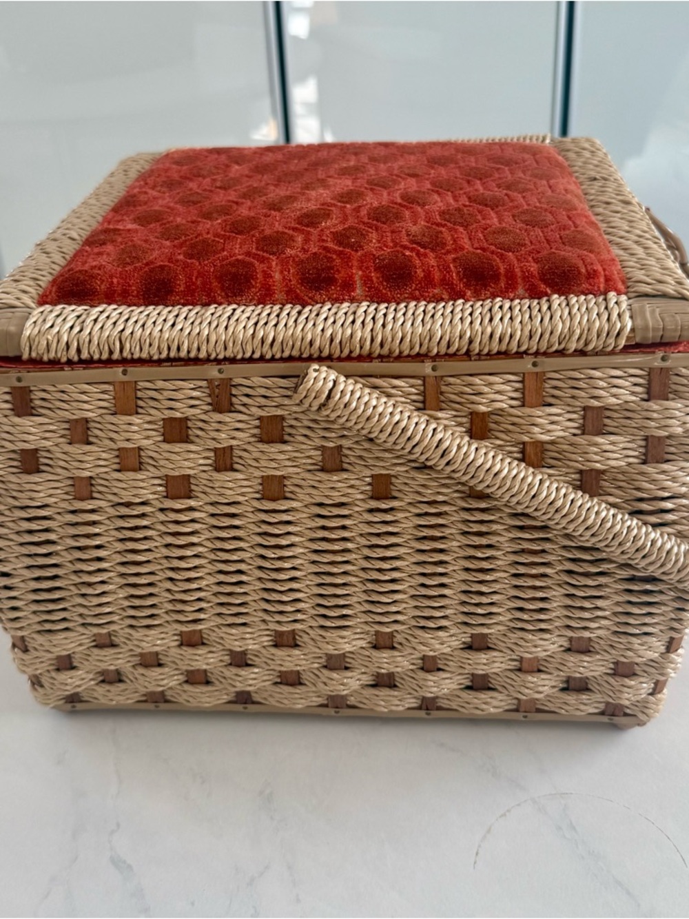 Vintage Woven Sewing Basket with Coral Accent Velvet Top